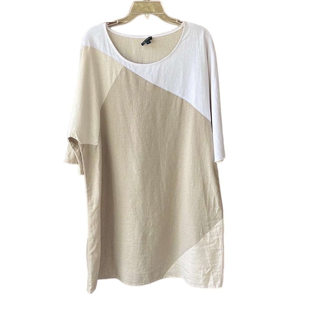 For Cynthia Sz L Linen Blend Color Block Lagenlook Shirt Dress Cream Tan